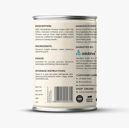 Cream | Organic Coconut Cream- Thick &amp; Creamy (22 % Fat) - Gluten Free, Vegan - OKO Whole Food - 400ml