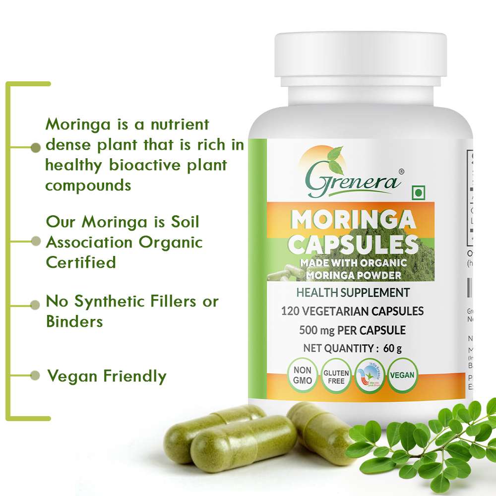 Capsules | Moringa Capsules (500mg per Tablet) -Made With Organic Moringa Powder– Vegan, Gluten Free - Non GMO-Grenera – 60gm (120Tablets)