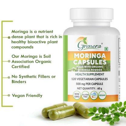 Capsules | Moringa Capsules (500mg per Tablet) -Made With Organic Moringa Powder– Vegan, Gluten Free - Non GMO-Grenera – 60gm (120Tablets)