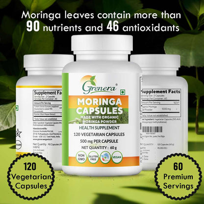 Capsules | Moringa Capsules (500mg per Tablet) -Made With Organic Moringa Powder– Vegan, Gluten Free - Non GMO-Grenera – 60gm (120Tablets)