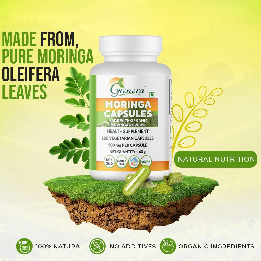 Capsules | Moringa Capsules (500mg per Tablet) -Made With Organic Moringa Powder– Vegan, Gluten Free - Non GMO-Grenera – 60gm (120Tablets)