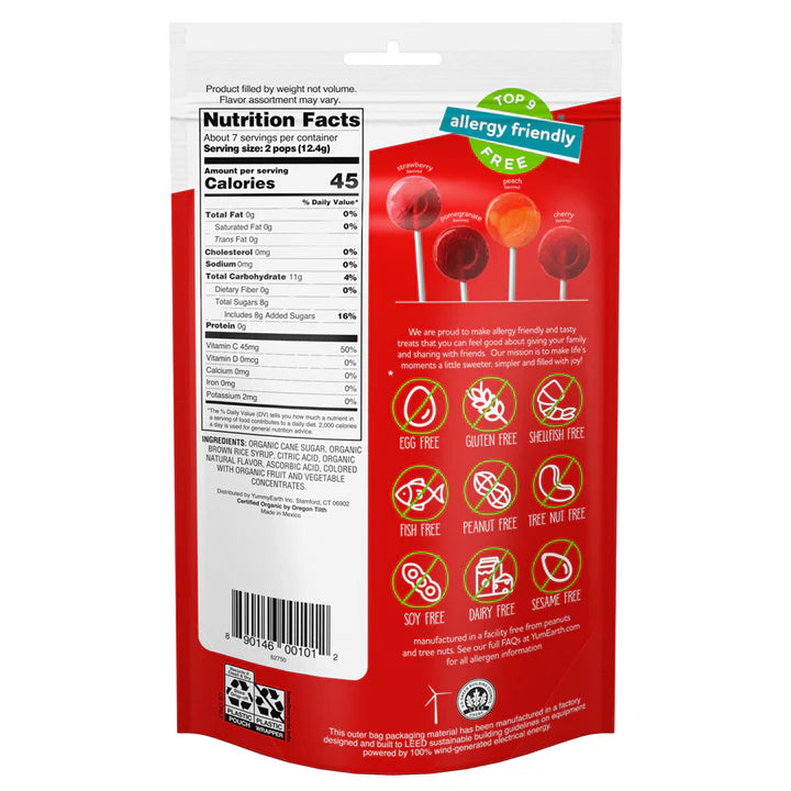Pops | Organic Pops-  Naturally Flavoured -USDA Organic, Gluten Free, Vegan - Colored With Fruit And Vegetables Juices - USDA Organic - Vegan, Gluten Free, Non GMO &amp; No High Fructose Corn Syrup Or No Artificial Dyes - Yum Earth -(40 Wrapped Pops) 248gm