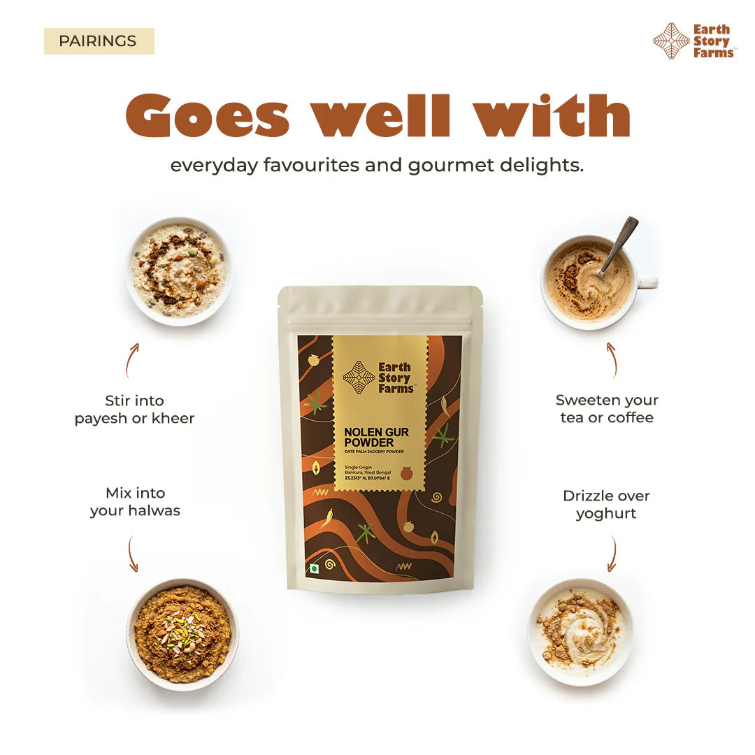 Gur | Nolen Gur Powder-Date Palm Jaggery Powder - No Added Sugar &amp;amp; Chemical Free - Earth Story Farms- 400gm