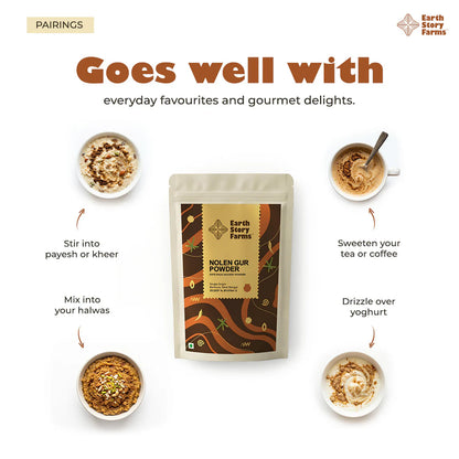 Gur | Nolen Gur Powder-Date Palm Jaggery Powder - No Added Sugar &amp;amp; Chemical Free - Earth Story Farms- 400gm