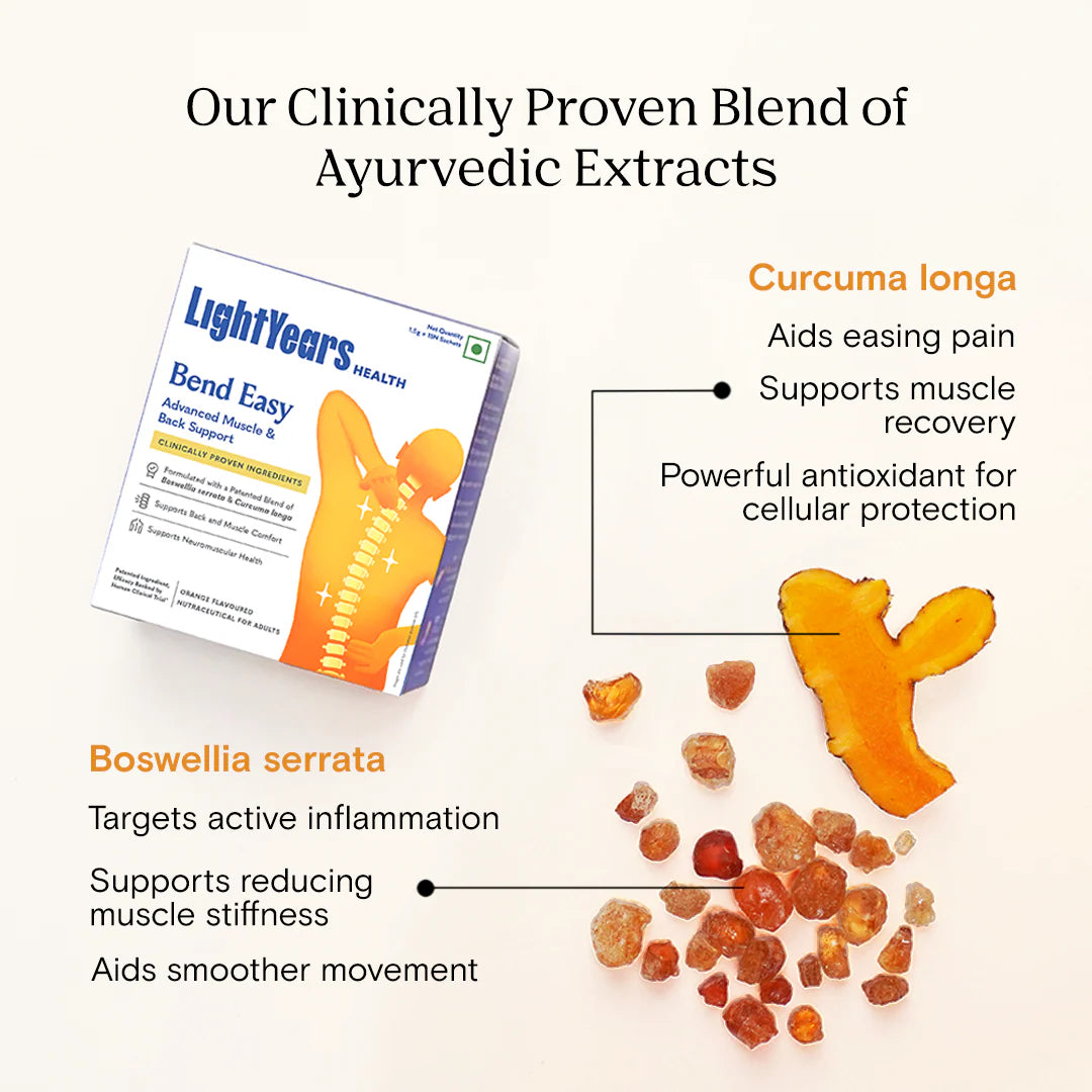 Health Supplements | Bend Easy - Advanced Muscle &amp; Back Support - Orange Flavoured - Clinically Proven Ingredients-Zero Gram Sugar, No Artificial Sweeteners -Light Years Health - 1.5g*15 Sachets