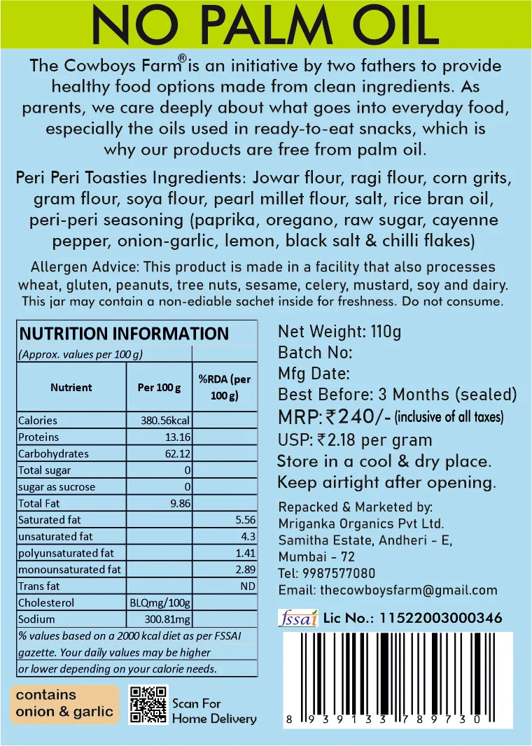 Crunchy Peri Peri Millet Toasties -No Palm Oil, No Msg &amp; Preservatives Free – The Cow Boys Farm - 200gm