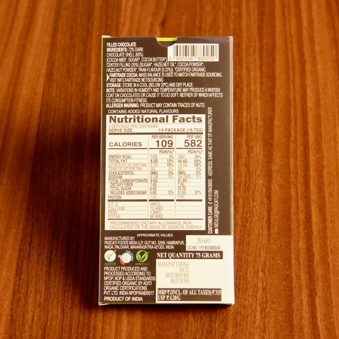 Paan Chocolate – USDA Organic - Vegan, Gluten Free &amp;amp; Nut Free - Pascati – 75gm