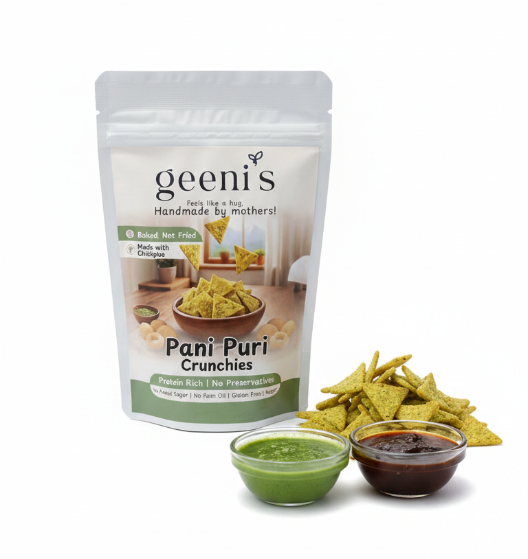 Pani Puri Crunchies | Baked (Not Fried), Made With Chickpea - Rich Protein -Vegan, Gluten Free, No Added Sugar, No Palm Oil, No Maida, No Preservatives, Additives &amp; No Added Artificial Ingredients - Geenis -200gm