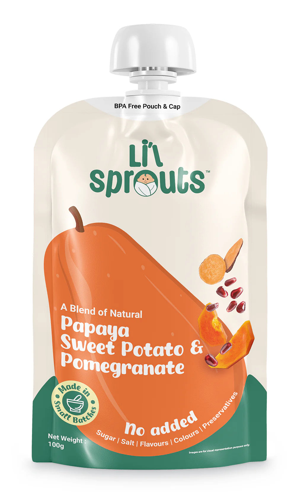 Puree | Papaya, Sweet Potato And Pomegranate Puree - Sweet & Tangy Notes - 100% Natural - Cold Pressed Ingredients - No Added Sugar, Salt, Flavours, Colours & No Artificial Ingredients - Lil Sprouts - 100gm