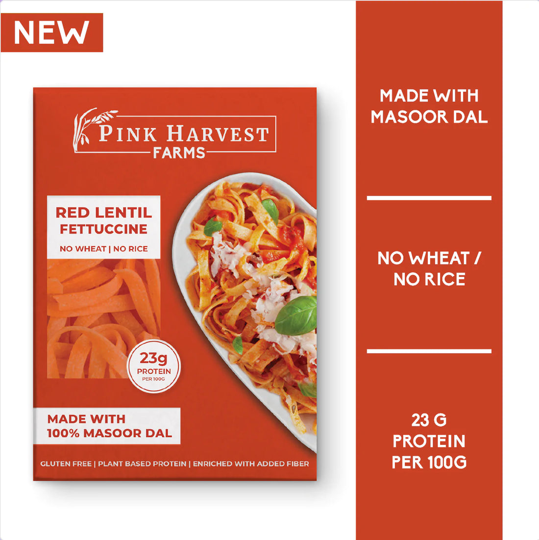 Pasta | Red Lentil Fettuccine (Made With 100% Masoor Dal) - Vegan, Gluten free, No Rice &amp;amp; No Wheat - Pink Harvest - 200gm