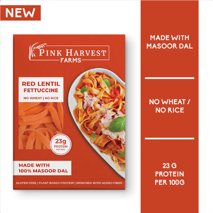 Pasta | Red Lentil Fettuccine (Made With 100% Masoor Dal) - Vegan, Gluten free, No Rice &amp;amp; No Wheat - Pink Harvest - 200gm
