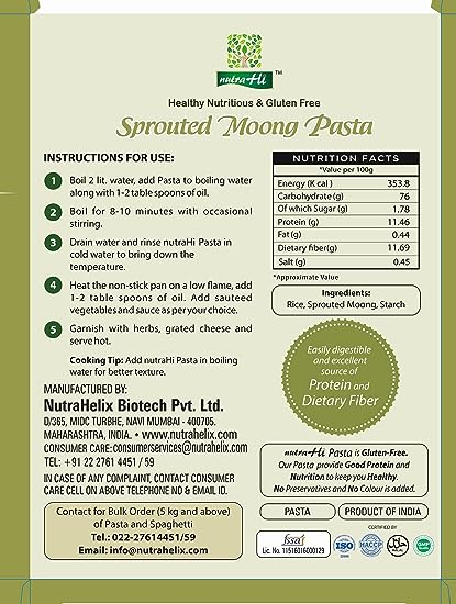 Pasta | Sprouted Moong Pasta - Vegan, Gluten Free, High In Protein &amp;amp; Rich In Fiber - NutraHi – 250gm