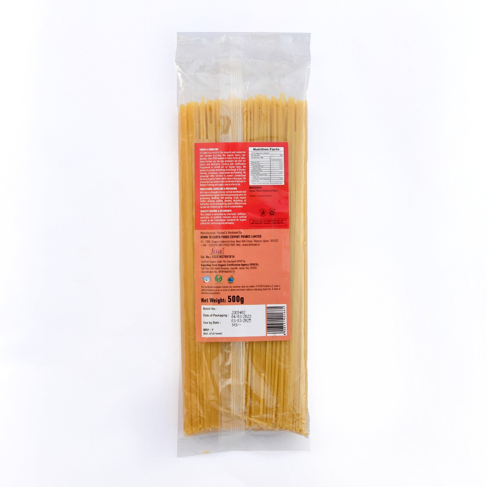 Pasta | Spaghetti (Wheat Suji Pasta) - Certified Organic – DTE – 500gm