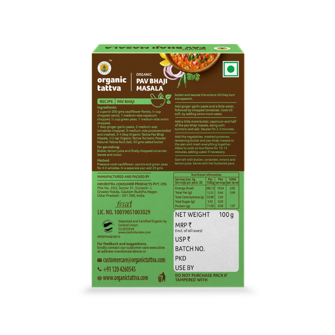 Pav Bhaji Masala - USDA Organic - Vegan, Mumbai Style, Flavourful Spice Blend For Mixed Vegetables - Organic Tattva - 100gm