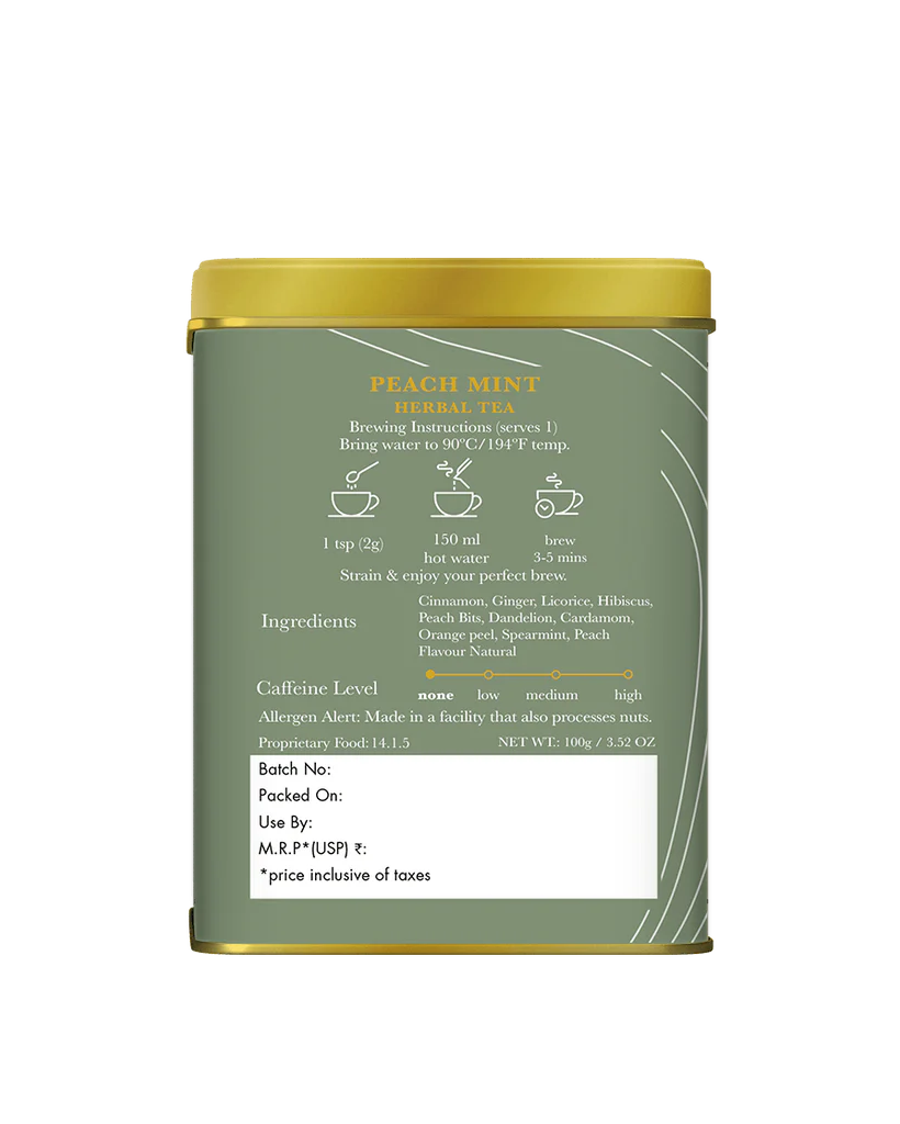 Tea | Peach Mint - Herbal Tea - Fruity And Earthy Notes - Organic - Luxmi Estates – Caffeine Free - 100gm