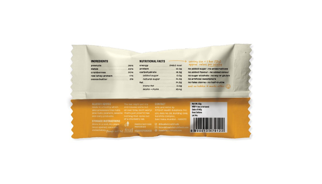Peanut Butter 12g Bar - No Added Sugar &amp; Soy Free - The Whole Truth - 52gm