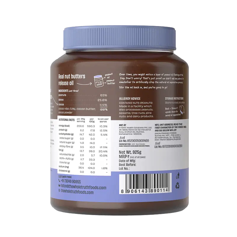 Peanut Butter | Dark Chocolate – Crunchy – No Added Sugar, No Palm Oil &amp;amp; No Artificial Sweeteners - The Whole Truth – 925gm