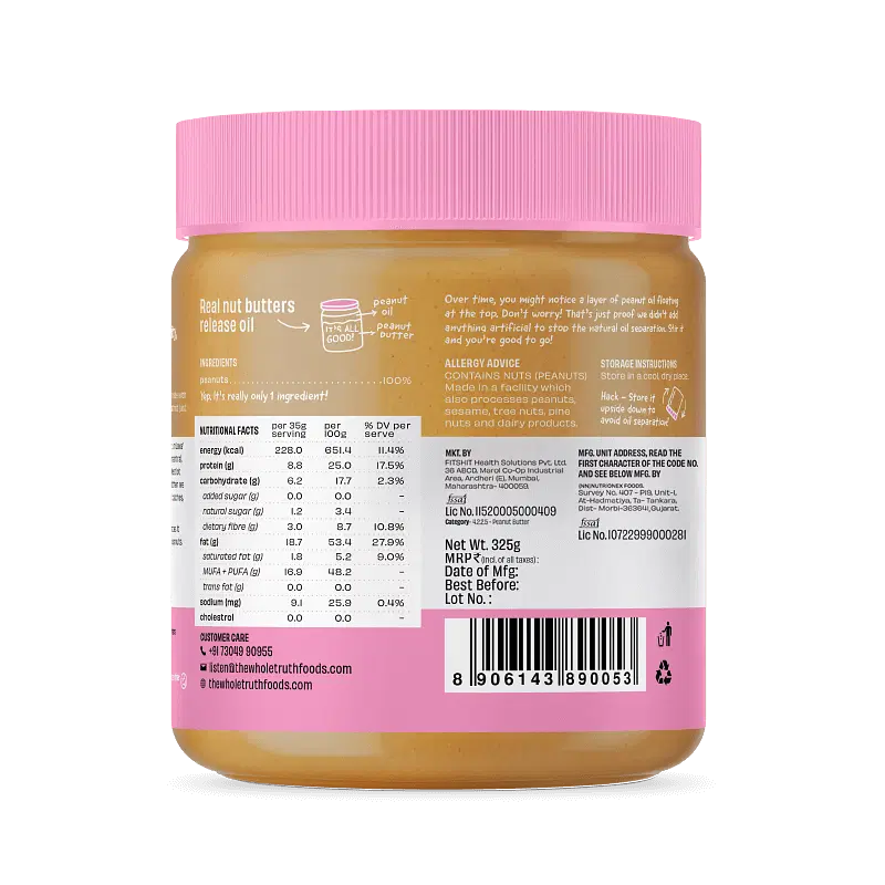 Peanut Butter | Unsweetened (Crunchy) - Natural - No Palm Oil &amp;amp; No Added Sugar - The Whole Truth - 325gm