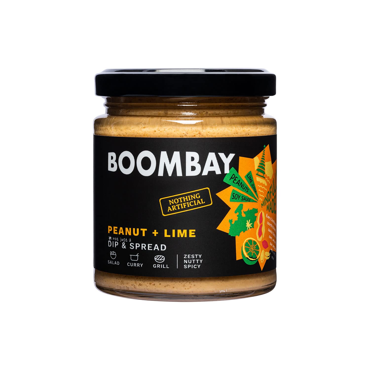 Peanut + Lime (Zest Nutty Spicy) - Dip And Spread - Salad, Grill, Curry - Natural - Indian  - No Refined Sugar &amp; No Bad Oil - Boombay - 190gm