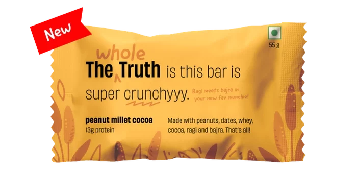Bar | Peanut Millet Cocoa (Made With Peanuts, Dates, Whey, Cocoa, Ragi And Bajra) - 13g Protein - Crunchy - Gluten Free, No Added Sugar, No Added Preservatives, Flavors, Color & No Added Artificial Sweeteners - The Whole Truth  - 55gm