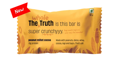Bar | Peanut Millet Cocoa (Made With Peanuts, Dates, Whey, Cocoa, Ragi And Bajra) - 13g Protein - Crunchy - Gluten Free, No Added Sugar, No Added Preservatives, Flavors, Color &amp; No Added Artificial Sweeteners - The Whole Truth  - 55gm