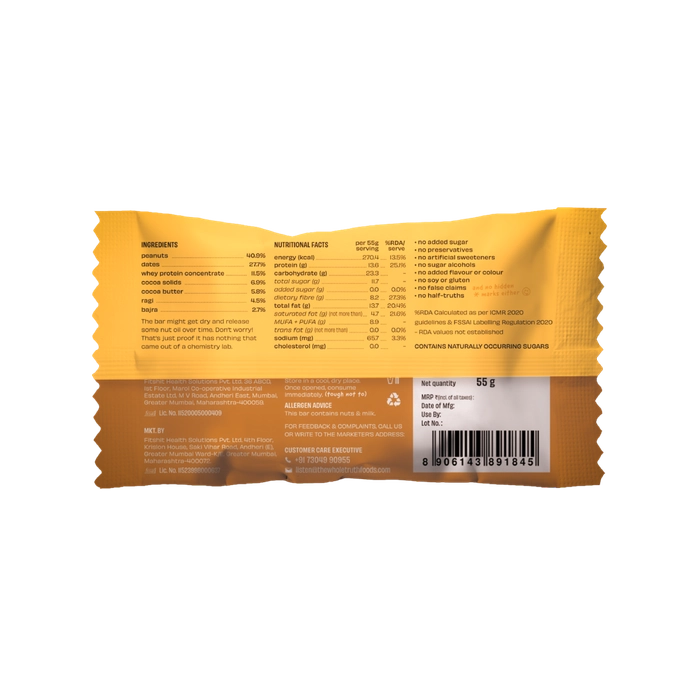 Bar | Peanut Millet Cocoa (Made With Peanuts, Dates, Whey, Cocoa, Ragi And Bajra) - 13g Protein - Crunchy - Gluten Free, No Added Sugar, No Added Preservatives, Flavors, Color &amp; No Added Artificial Sweeteners - The Whole Truth  - 55gm