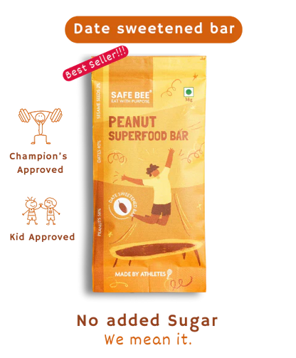 Bar | Peanut Superfood Bar (Sweetened With Dates) – For Athlete - Vegan, Gluten Free, No Added Sugar, Preservatives, Emulsifiers &amp;amp; No Added Stabilizers – Safe Bee – 40gm