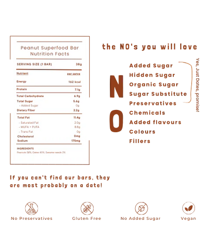 Bar | Peanut Superfood Bar (Sweetened With Dates) – For Athlete - Vegan, Gluten Free, No Added Sugar, Preservatives, Emulsifiers &amp;amp; No Added Stabilizers – Safe Bee – 40gm