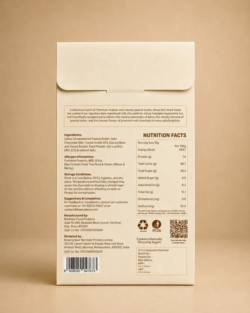 Peanut Butter | Chocolate Coated Date ( 55% dark chocolate)  -Real Chocolate -100% Vegan and Gluten-free -No refined sugar, No Added Sugar &amp;amp; No Preservatives - Brawny Bear - 100gm