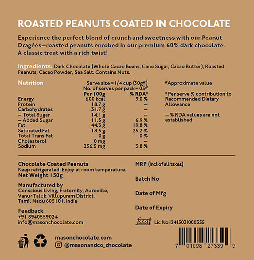 Chocolate | Chocolate Coated Peanut Dragées - Pure & Natural - Plant Based - No Additives - Mason & Co - 150gm