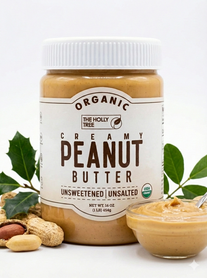 Peanut Butter | Creamy Peanut Butter  - Unsweetened, Unsalted - USDA Organic-Vegan - No Preservatives - The Holly Tree - 454 gm