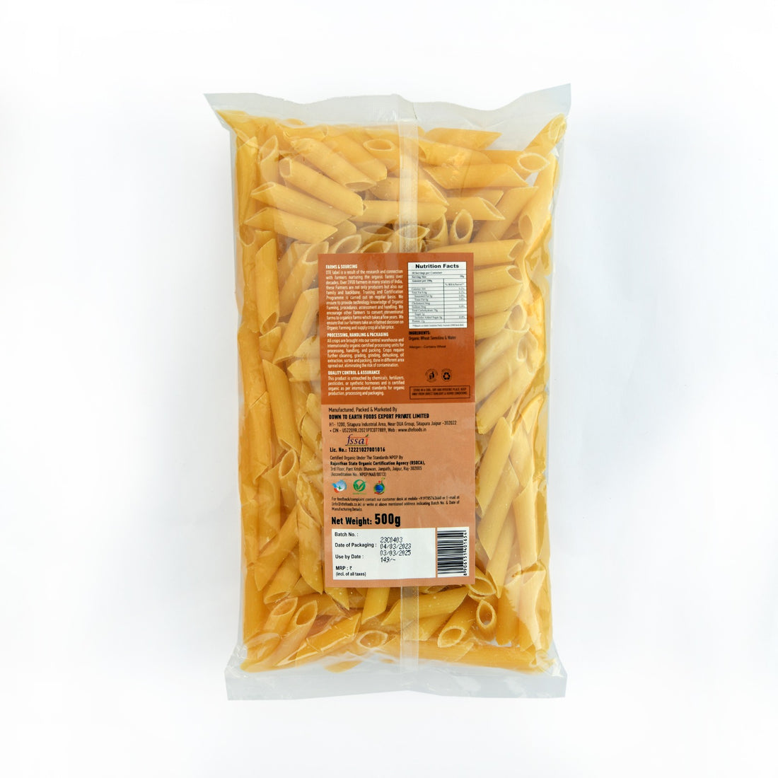 Pasta | Penne (Wheat Suji Pasta) - Certified Organic - DTE – 500gm