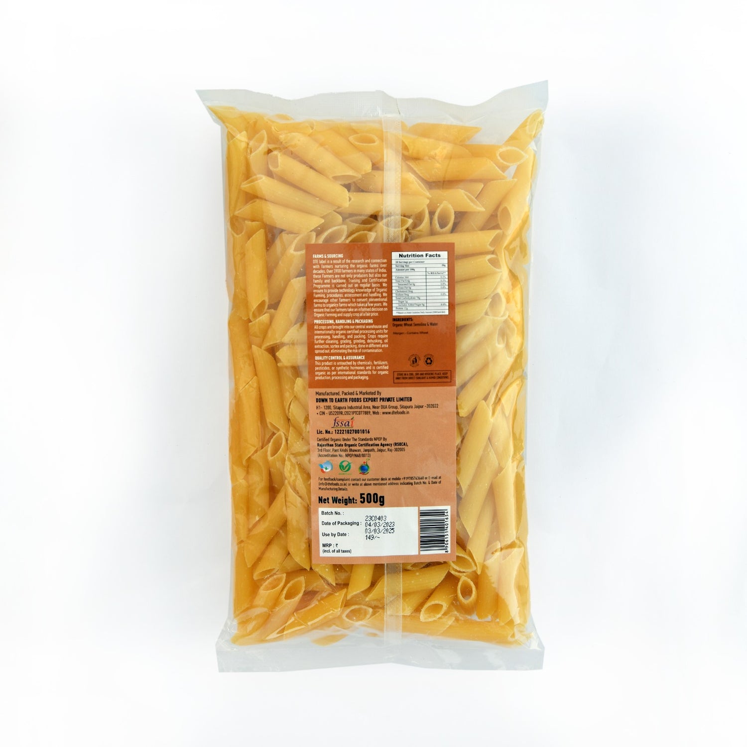 Pasta | Penne (Wheat Suji Pasta) - Certified Organic - DTE – 500gm