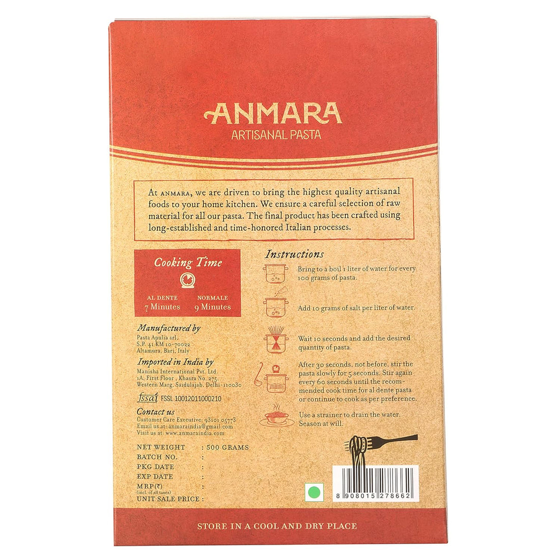 Pasta | Penne Rigate (Hard Durum Wheat Pasta) - 100% Italian - Anmara – 500gm