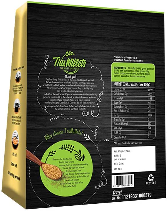 Pepper Pongal – 96% Millet &amp;amp; Dal - Natural - Indian - Rich Source Of Protein, Iron, Zero Trans Fat, Cholesterol Free, Low Glycaemic Index &amp;amp; Keto Friendly - TruMillets – 200gm