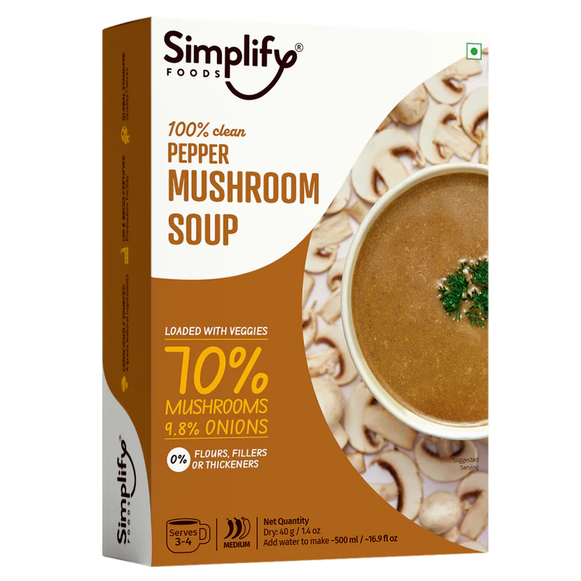 Mushroom Soup | Pepper Mushroom Soup (Loaded With Veggies 70% Mushrooms & 9.8% Onions) - 100% Clean - No Flours, Fillers, Thickeners, No Preservatives, Colours & No Additives - Simplify Foods - 40gm