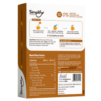 Mushroom Soup | Pepper Mushroom Soup (Loaded With Veggies 70% Mushrooms &amp; 9.8% Onions) - 100% Clean - No Flours, Fillers, Thickeners, No Preservatives, Colours &amp;amp; No Additives - Simplify Foods - 40gm