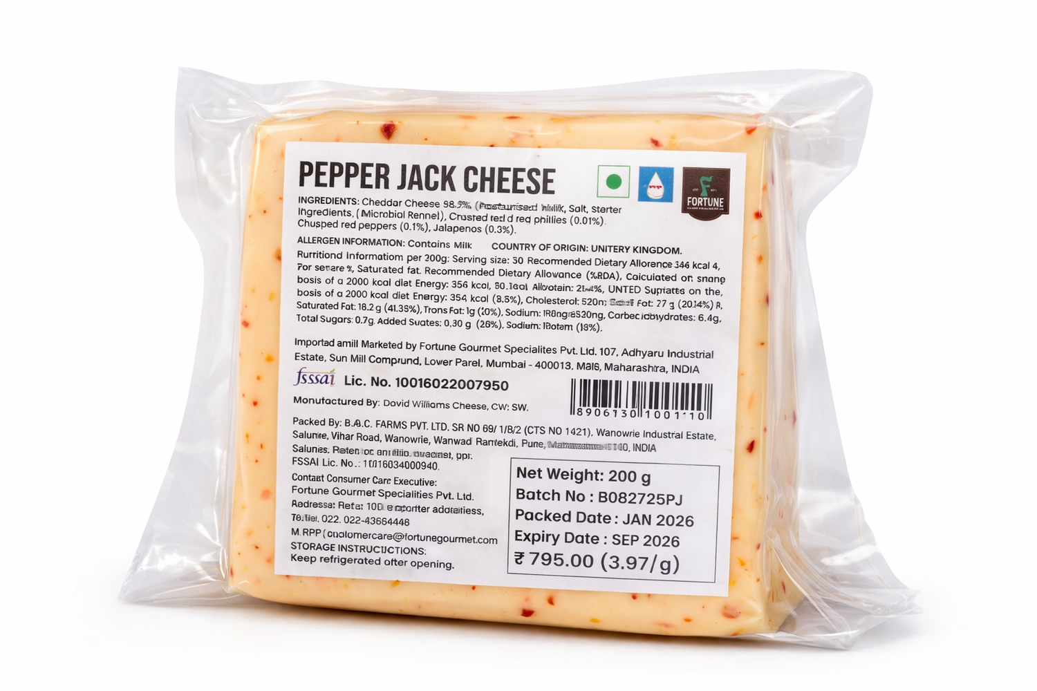 Cheese | Pepper Jack Cheese – Pasteurized Milk - Fiorella - 200gm