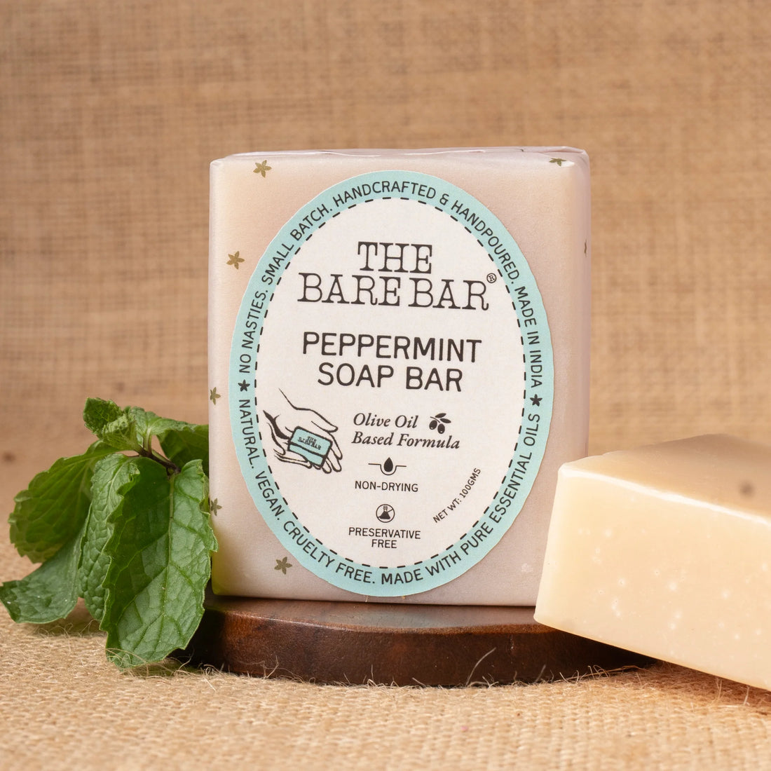 Soap | Peppermint Soap Bar - Olive Oil Based Formula - No Artificial Fragrances, Parabens Free & No Added Preservatives - The Bare Bar – 100gm