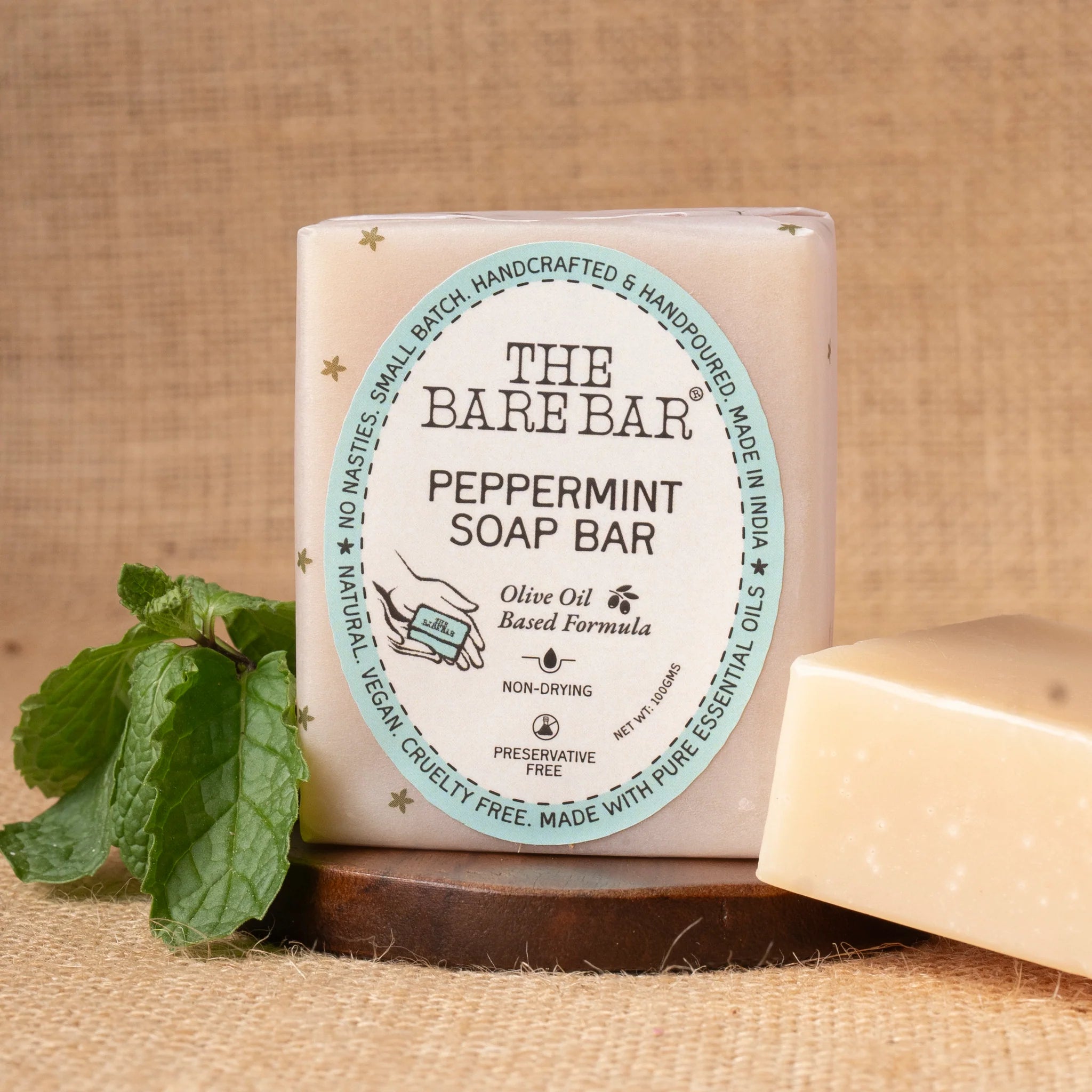 Soap | Peppermint Soap Bar - Olive Oil Based Formula - No Artificial Fragrances, Parabens Free &amp; No Added Preservatives - The Bare Bar – 100gm