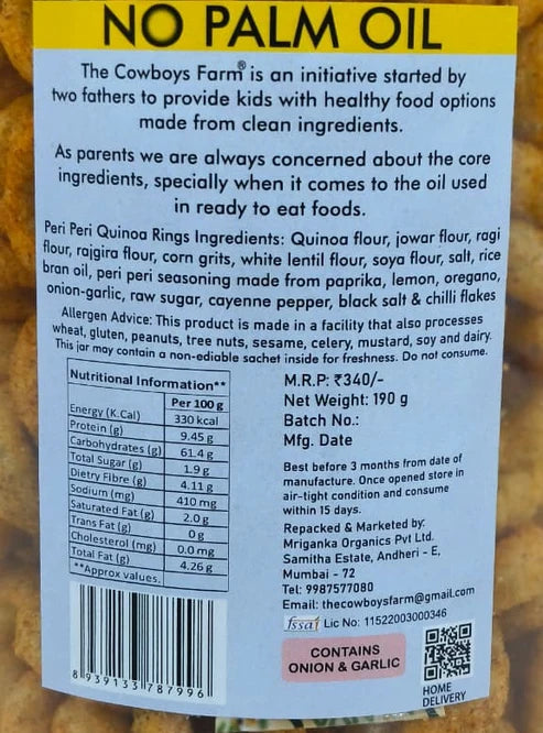 Roasted Peri Peri Quinoa Rings -  Roasted, Not Fried - Made With Sun Dried Potatoes  -  No Onion, No Garlic-No Palm Oil, No Msg &amp; Preservatives Free – The Cow Boys Farm - 200gm