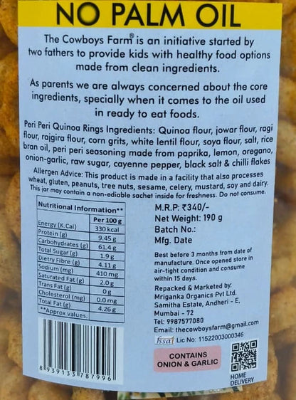 Roasted Peri Peri Quinoa Rings -  Roasted, Not Fried - Made With Sun Dried Potatoes  -  No Onion, No Garlic-No Palm Oil, No Msg &amp; Preservatives Free – The Cow Boys Farm - 200gm