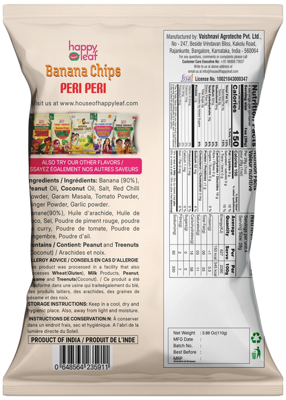 Chips | Peri Peri Banana Chips -Vegan, Gluten Free, USDA Organic – No Artificial Color &amp; No Artificial Preservatives – Happy Leaf – 110gm