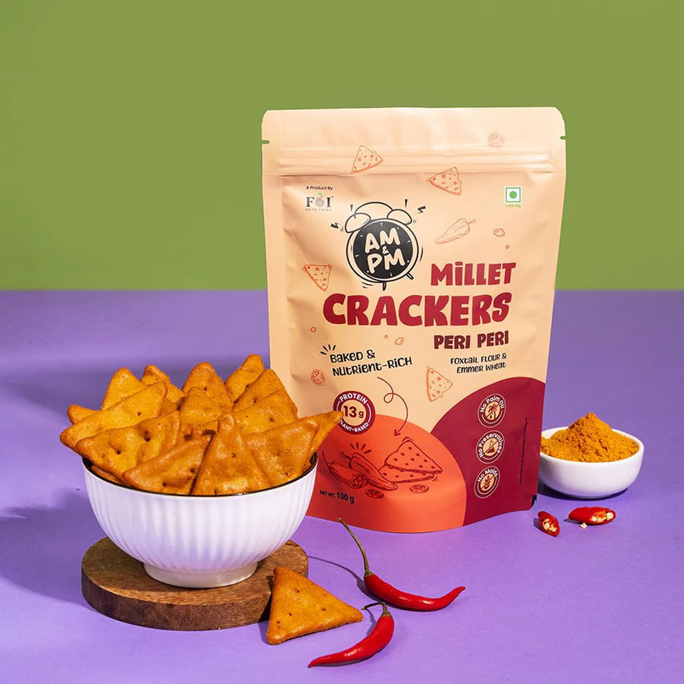 Millet Cracker | Peri Peri Millet Cracker - 13g Protein - Baked - No Palm Oil, Preservatives Free &amp; No Maida - Faith Foods - 100gm