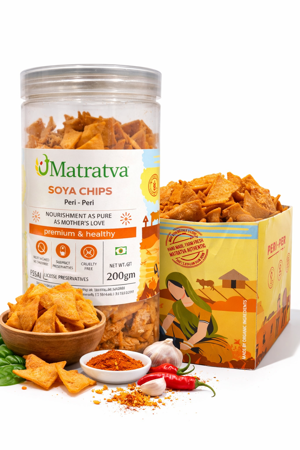 Soya Chips | Peri Peri Soya Chips - Made With Organic Ingredients - Healthy - Not Fried - Gluten Free, Cruelty Free, High In Fibre &amp; No Added Preservatives - Matratva - 200gm