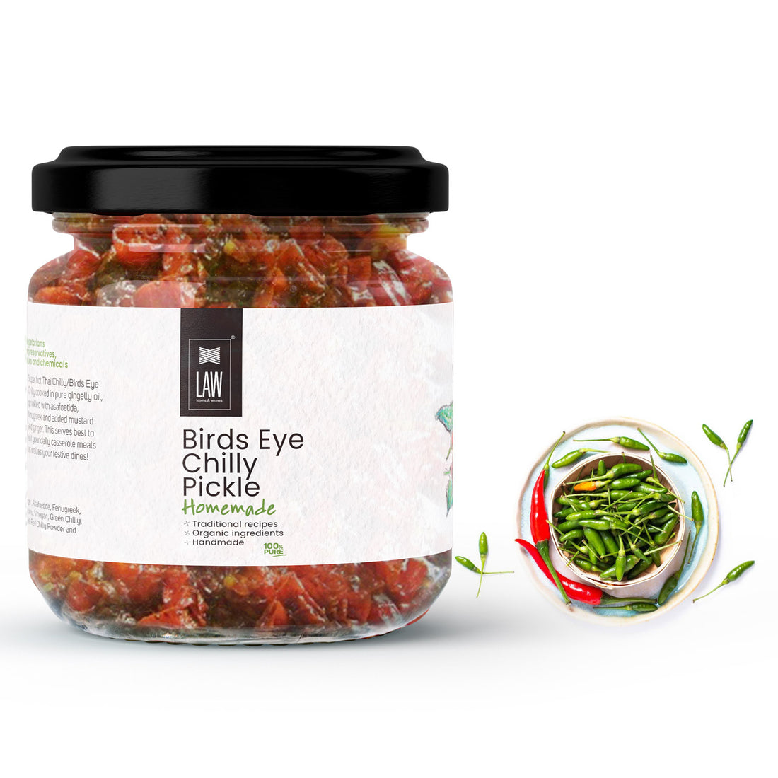 Pickle | Chilli (Bird’s Eye) - Traditional Recipe - Handmade - Organically Ingredients - Vegan, Gluten Free, Preservatives Free & Chemical Free - Loom And Weaves - 250gm