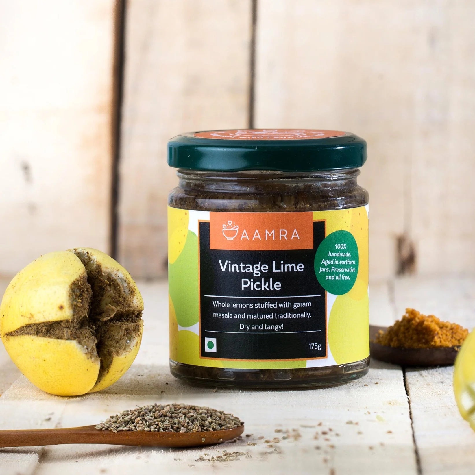 Pickle | Vintage Lime Pickle (Kala Nimbu)  - Oil Free &amp;amp; No Artificial Preservatives - Aamra - 175gm