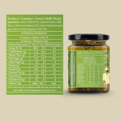 Pickle | Pahadi Hari Mirch (Green Chilli Pickle) - 100% Homemade - No Added Preservatives - Organic Nation - 250gm
