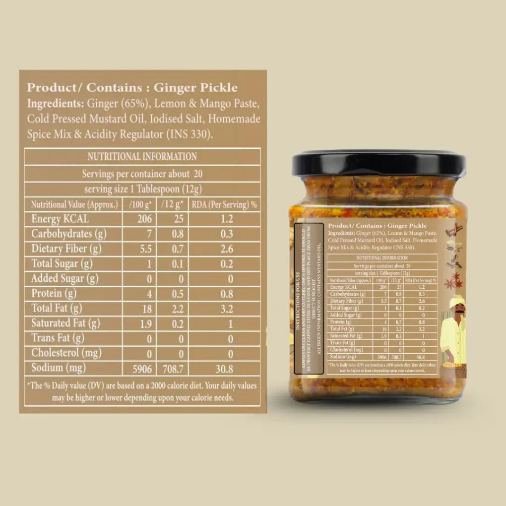 Pickle | Adrak Achari Fusion (Ginger Pickle) - 100% Homemade - No Added Chemical Preservatives &amp; No Added Artificial Colours Or Flavours - Organic Nation - 250gm