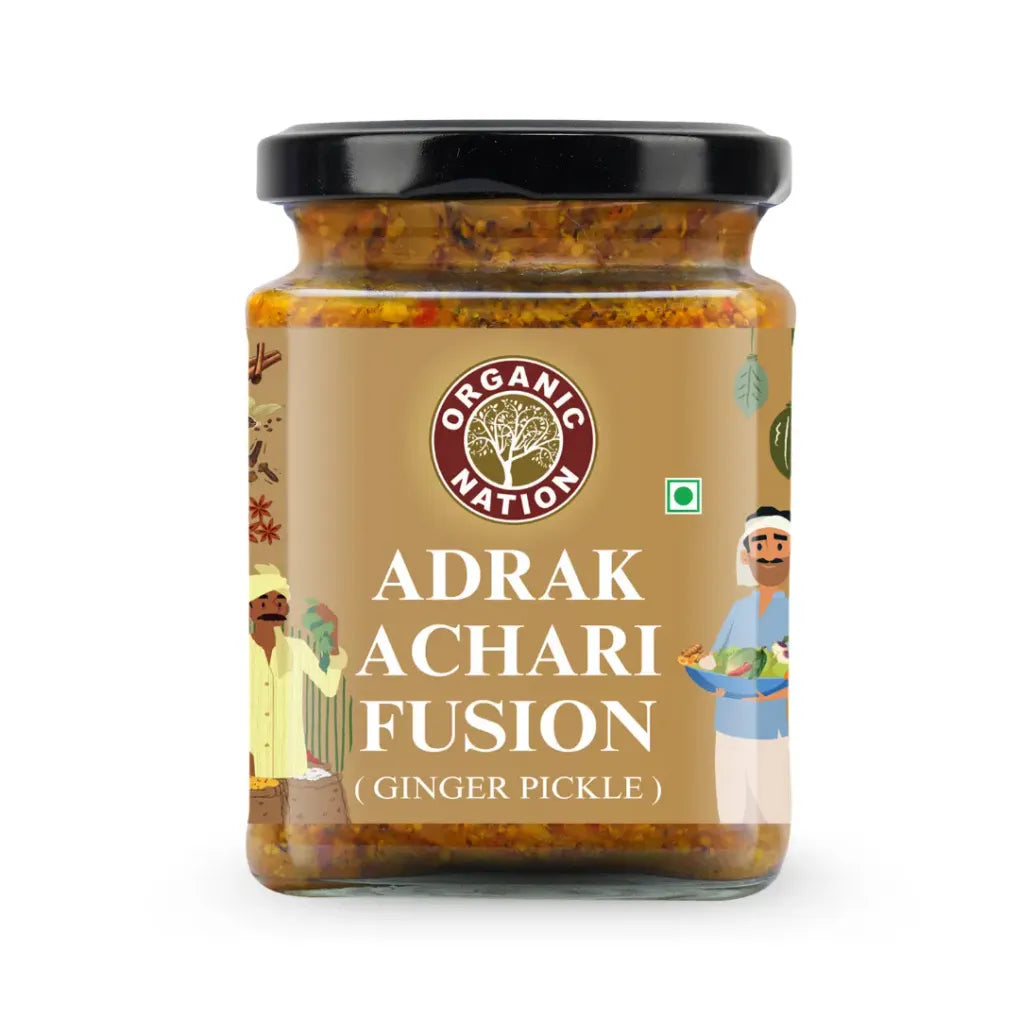 Pickle | Adrak Achari Fusion (Ginger Pickle) - 100% Homemade - No Added Chemical Preservatives &amp; No Added Artificial Colours Or Flavours - Organic Nation - 250gm